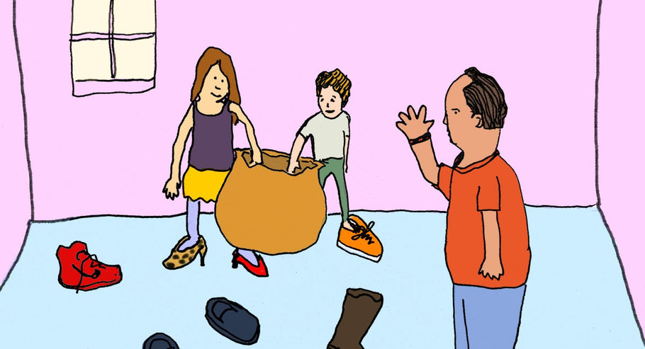 Unlike Bag O’ Glass from the iconic 1976 Dan Aykroyd skit on Saturday Night Live, Bag O’ Shoes is a fun (and totally safe) activity for kids in which they pull random footwear out of a giant garbage bag and try them on
