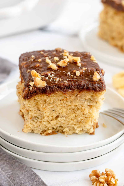 This old fashioned Banana Cake with Chocolate Walnut Glaze is a delicious way to make use of overripe banana