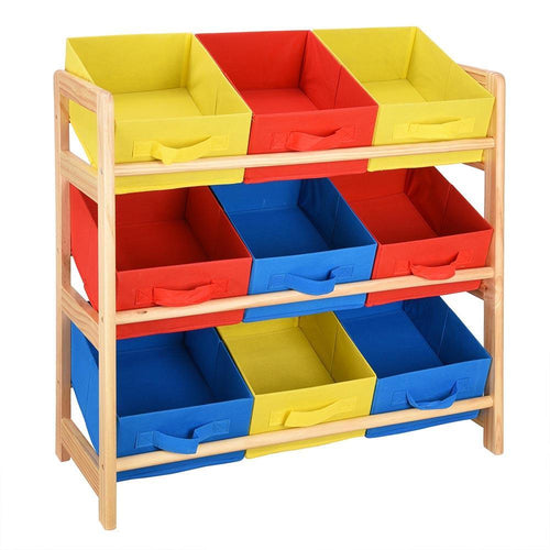 Wood Frame Organizer Toy Storage Shelf with 9 Removable Bins for