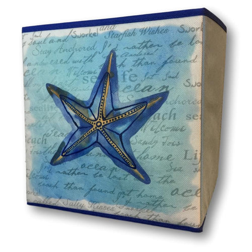 Decorative Collapsible Storage Bin - Banberry Designs Nautical Beach Box - Blue Starfish Design - 11