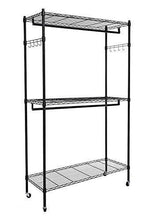 Load image into Gallery viewer, Cheap homdox double rod closet 3 shelves wire shelving clothing rolling rack heavy duty garment rack with wheels and side hooks