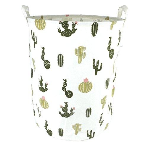 19.7  Large Sized Waterproof Coating Ramie Cotton Fabric Folding Laundry Hamper Bucket Cylindric Burlap Canvas Storage Basket With Stylish Cactus Design