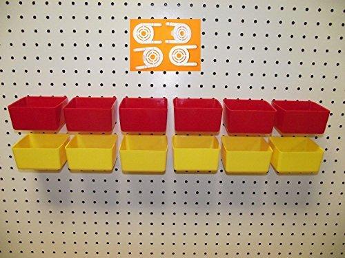 16 PACK 1/4" HOLE Peg Board Workbench Bins (6) Red bins and (6) Yellow bins PLASTIC Plus (4) Tool holders FITS WOODEN PEGBOARDS (PEGBOARD NOT INCLUDED)