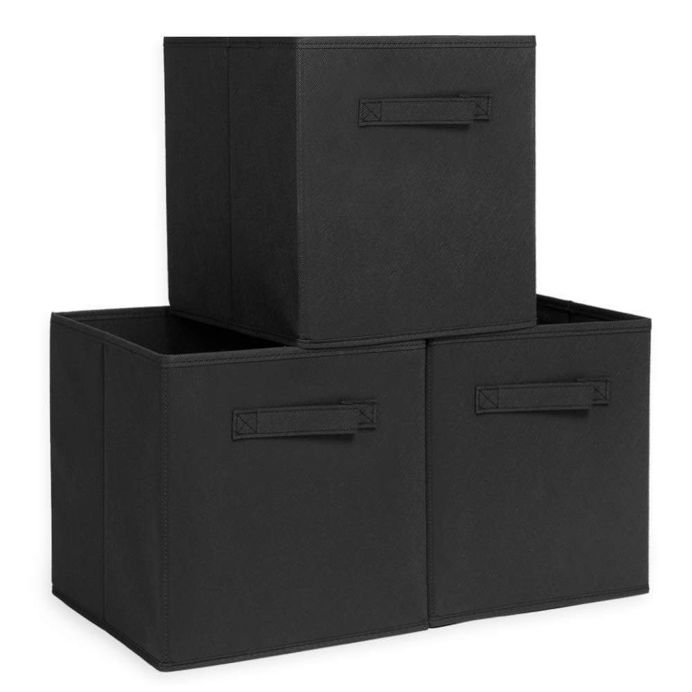 XIMIVOGUE Foldable Cube Storage Bin Foldable Cloth Storage Cube Basket Bins Boxes Organizer Containers Drawers Non-Lids with Handle for Nursery Home 3-Pack（Black）