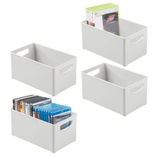 Load image into Gallery viewer, Storage mdesign plastic stackable home storage organizer container bin box with handles for media consoles closets cabinets holds dvds blu ray video games gaming accessories 4 pack light gray