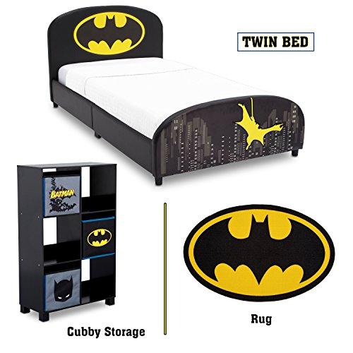 Delta Children - Batman Twin Furniture Set, 3-Piece by DC Comics (Batman Upholstered Twin Bed | Storage Unit with 6 Cubby's and Batman Bins | Batman Area Rug)