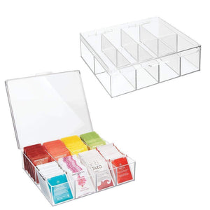 mDesign Tea Storage Organizer Box - 8 Divided Sections, Easy-View Hinged Lid - Use in Kitchen, Pantry, and Cabinets; Holder for Tea Bags, Packets, Small Items and Accessories, BPA free, 2 Pack - Clear