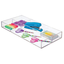 Load image into Gallery viewer, Shop here mdesign plastic divided drawer organizer for home office desk drawer shelf closet holds highlighters pens scissors adhesive tape paper clips note pads 4 sections 16 long 4 pack clear