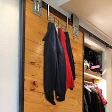 Load image into Gallery viewer, Shop over the door rack with hooks 5 hangers for towels coats clothes robes ties hats bathroom closet extra long heavy duty chrome space saver mudroom organizer by kyle matthews designs