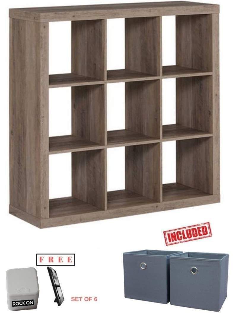 Better Homes and Gardens 9-Cube Organizer Storage Bookcase Bookshelf Rustic Gray Finish with Set of 2 Bins Included and Extra Free!