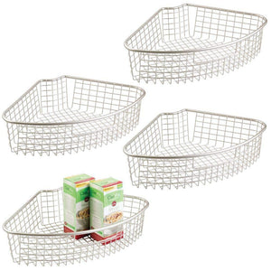 mDesign Farmhouse Metal Kitchen Cabinet Lazy Susan Storage Organizer Basket with Front Handle - Large Pie-Shaped 1/4 Wedge, 4.4" Deep Container - 4 Pack - Satin