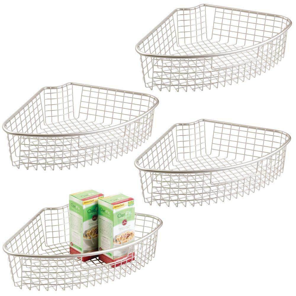 mDesign Farmhouse Metal Kitchen Cabinet Lazy Susan Storage Organizer Basket with Front Handle - Large Pie-Shaped 1/4 Wedge, 4.4