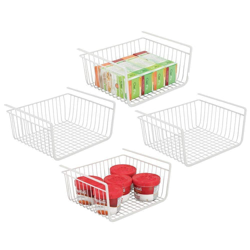 mDesign Household Metal Under Shelf Hanging Storage Bin Basket with Open Front for Organizing Kitchen Cabinets, Cupboards, Pantries, Shelves - Large, 4 Pack - White