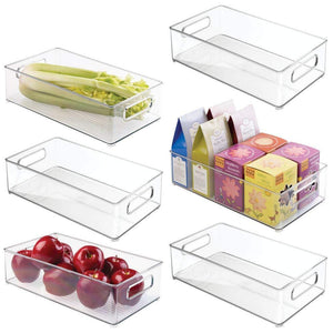 mDesign Large Stackable Kitchen Storage Organizer Bin with Pull Front Handle for Refrigerators, Freezers, Cabinets, Pantries - BPA Free, Food Safe - Deep Rectangle Tray Basket - 6 Pack - Clear