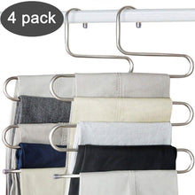 Load image into Gallery viewer, Top ds pants hangers s shape trousers hangers stainless steel clothes hangers closet space saving for pants jeans scarf hanging silver 4 pack with 10 clips