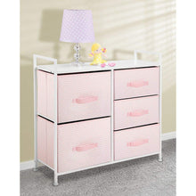 Load image into Gallery viewer, Best mdesign wide dresser storage tower furniture metal frame wood top easy pull fabric bins organizer for kids bedroom hallway entryway closets dorm chevron print 5 drawers pink white