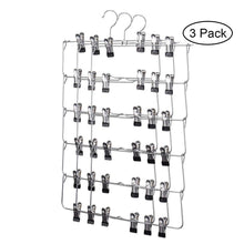 Load image into Gallery viewer, Storage 6 tier skirt hangers star fly space saving pants hangers sturdy multi purpose stainless steel pants jeans slack skirt hangers with clips non slip closet storage organizer 3pcs 1