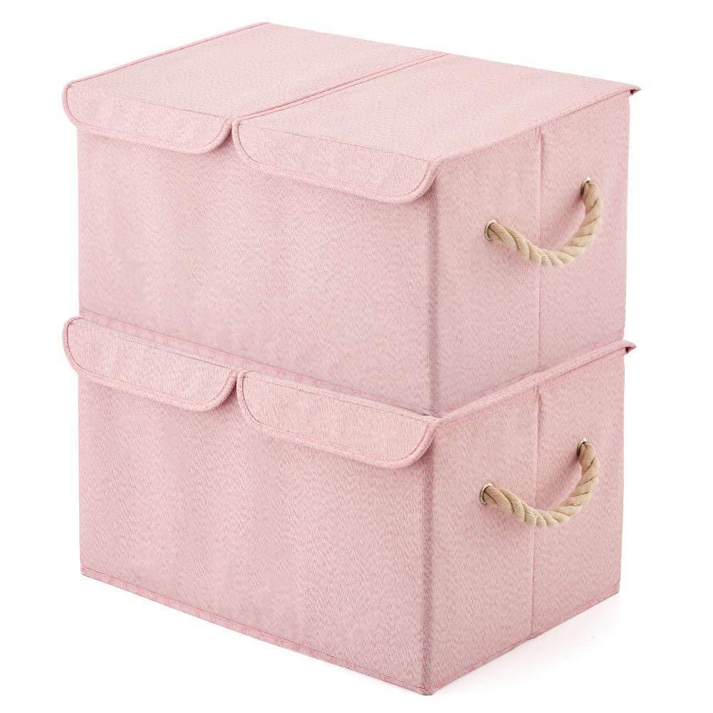 Great ezoware large storage boxes 2 pack large linen fabric foldable storage cubes bin box containers with lid and handles for nursery children closet bedroom living room pink