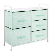 Load image into Gallery viewer, Products mdesign wide dresser storage tower furniture metal frame wood top easy pull fabric bins organizer for kids bedroom hallway entryway closet dorm chevron print 5 drawers mint green white