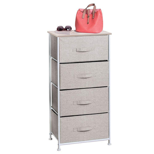 New mdesign vertical furniture storage tower sturdy steel frame wood top easy pull fabric bins organizer unit for bedroom hallway entryway closets textured print 4 drawers linen natural