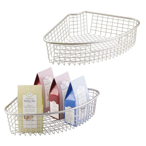 mDesign Farmhouse Metal Kitchen Cabinet Lazy Susan Storage Organizer Basket with Front Handle - Large Pie-Shaped 1/4 Wedge, 4.4