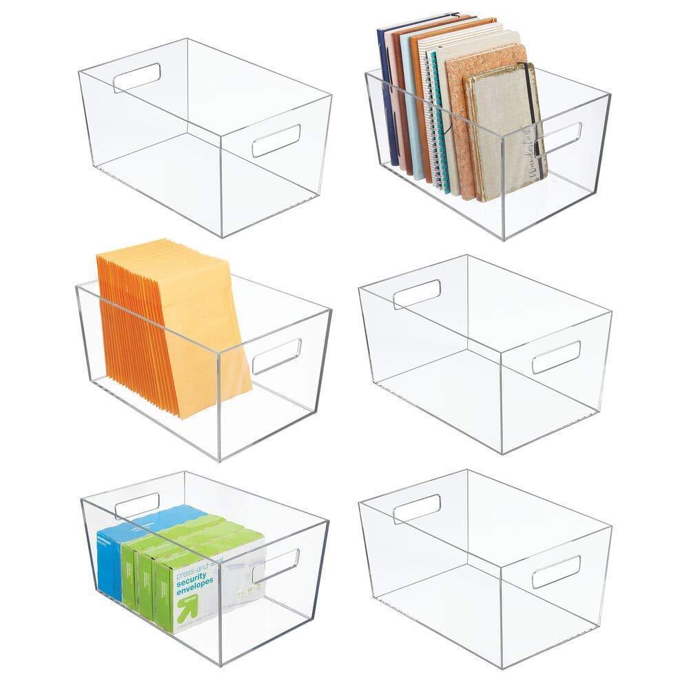 mDesign Plastic Storage Bin with Handles for Office, Desk, Book Shelf, Filing Cabinet - Organizer for Sticky Notes, Pens, Notepads, Pencils, Supplies - 12