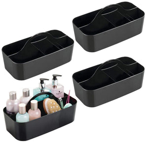 mDesign Plastic Portable Storage Organizer Caddy Tote - Divided Basket Bin with Handle for Bathroom, Dorm Room - Holds Hand Soap, Body Wash, Shampoo, Conditioner, Lotion - Large, 4 Pack - Black