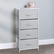 Load image into Gallery viewer, Budget mdesign vertical furniture storage tower sturdy steel frame wood top easy pull fabric bins organizer unit for bedroom hallway entryway closets textured print 4 drawers gray white