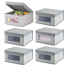 Load image into Gallery viewer, Shop mdesign soft stackable fabric closet storage organizer holder bin with clear window attached lid for home office den hallway entryway textured print medium 6 pack gray