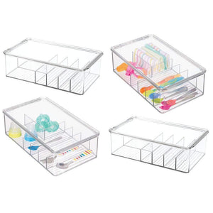 mDesign Stackable Plastic Storage Organizer Container for Kitchen Cabinets, Pantry, Countertops - Holds Kids, Child/Toddler Mealtime Sets, Small Accessories - 6 Sections - BPA Free, 4 Pack - Clear