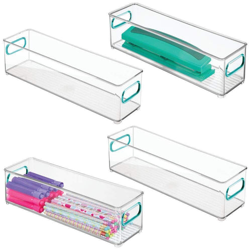 mDesign Plastic Stackable Home, Office Storage Bin, Desk and Drawer Organizer Tote with Handles for Storing Gel Pens, Erasers, Tape, Pencils, Highlighters, Markers - 14.5