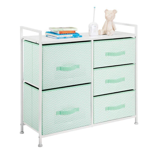 Latest mdesign wide dresser storage tower furniture metal frame wood top easy pull fabric bins organizer for kids bedroom hallway entryway closet dorm chevron print 5 drawers mint green white