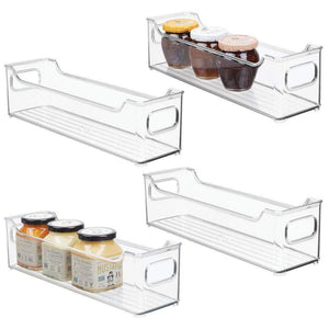 mDesign Slim Stackable Plastic Kitchen Pantry Cabinet, Refrigerator or Freezer Food Storage Bin with Handles - Organizer for Fruit, Yogurt, Snacks, Pasta - BPA Free, 14.5" Long, 4 Pack - Clear