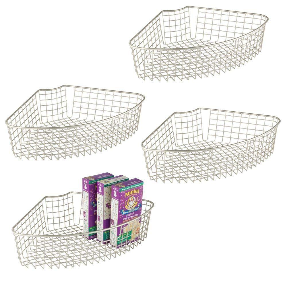 mDesign Farmhouse Metal Kitchen Cabinet Lazy Susan Storage Organizer Basket with Front Handle - Medium Pie-Shaped 1/4 Wedge, 4.2