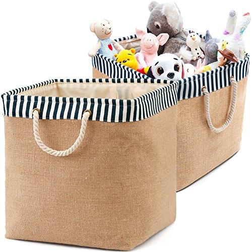 2-Pack Toy Canvas Storage Basket Organizer, EZOWare Collapsible Laundry Hamper Bucket Burlap Bin For Nursery, Baby, Office, Bedroom, Closet, Laundry & More - with Blue and White Trim Medium