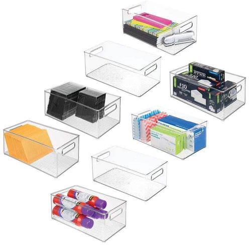 mDesign Plastic Storage Bin Container, Home Office Desk and Drawer Organizer Tote with Handles - Holds Gel Pens, Erasers, Tape, Pens, Pencils, Markers, Envelopes - 14.5