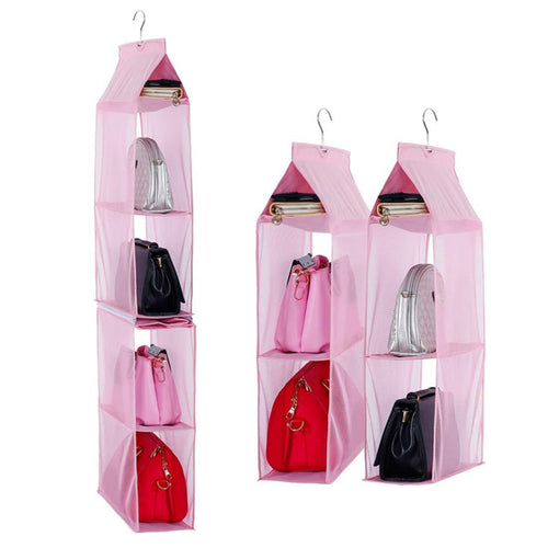 Home detachable 6 compartment organizer pouch hanging handbag organizer clear purse bag collection storage holder wardrobe closet space saving organizers system for living room bedroom home use pink