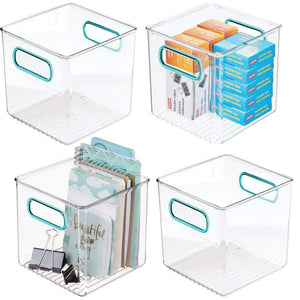 mDesign Plastic Home, Office Storage Organizer Container with Handles for Cabinets, Drawers, Desks, Workspace - BPA Free - for Pens, Pencils, Highlighters, Notebooks - 6" Cube, 4 Pack - Clear/Blue