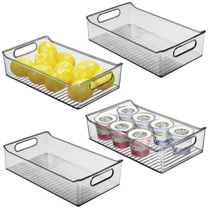 mDesign Wide Plastic Kitchen Pantry Cabinet, Refrigerator or Freezer Food Storage Bin with Handles - Organizer for Fruit, Yogurt, Snacks, Pasta - BPA Free, 14" Long, 4 Pack - Smoke Gray