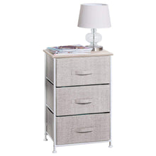Load image into Gallery viewer, Storage mdesign vertical dresser storage tower sturdy steel frame wood top easy pull fabric bins organizer unit for bedroom hallway entryway closets textured print 3 drawers linen natural
