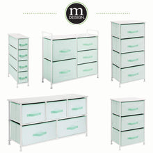 Load image into Gallery viewer, On amazon mdesign wide dresser storage tower furniture metal frame wood top easy pull fabric bins organizer for kids bedroom hallway entryway closet dorm chevron print 5 drawers mint green white