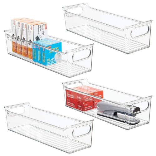 mDesign Slim Plastic Home, Office Storage Bin Container - Desk and Drawer Organizer Tote with Handles - Holds Gel Pens, Erasers, Tape, Pens, Pencils, Highlighters, Markers - 14