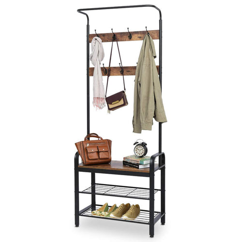 KINGSO Industrial Coat Rack, Hall Tree Entryway Coat Shoe Rack 3-Tier Shoe Bench 7 Hooks, Wood Look Accent Furniture with Stable Metal Frame Easy Assembly