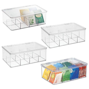 mDesign Stackable Plastic Tea Bag Holder Storage Bin Box for Kitchen Cabinets, Countertops, Pantry - Organizer Holds Beverage Bags, Cups, Pods, Packets, Condiment Accessories - 4 Pack - Clear
