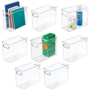 mDesign Plastic Home, Office Storage Organizer Bin with Handles - Container for Cabinets, Drawers, Desks, Workspace - BPA Free - for Pens, Pencils, Highlighters, Notebooks - 5" Wide, 8 Pack - Clear