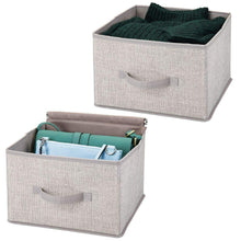 Load image into Gallery viewer, Results mdesign soft fabric closet storage organizer holder cube bin box open top front handle for closet bedroom bathroom entryway office textured print 2 pack linen tan