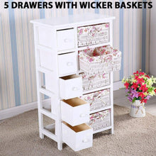 Load image into Gallery viewer, Exclusive durable dresser storage tower 5 drawers with wicker baskets sturdy frame wood top easy pulling organizer unit for bedroom hallway entryway closet white