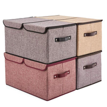 Load image into Gallery viewer, Discover the best ezoware large lidded storage boxes 4 pack linen fabric foldable cubes bin box containers with lid handles for home office nursery toys closet bedroom living room assorted color