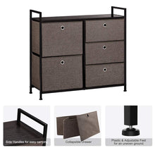 Load image into Gallery viewer, On amazon langria faux linen wide dresser storage tower with 5 easy pull drawer and handles sturdy metal frame and wooden table organizer unit for guest dorm room closet hallway office area dark brown