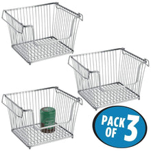 Load image into Gallery viewer, Heavy duty mdesign modern stackable metal storage organizer bin basket with handles open front for kitchen cabinets pantry closets bedrooms bathrooms large 3 pack silver